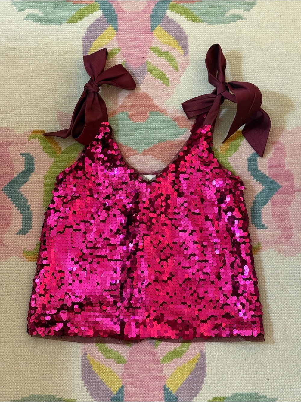 Anthropologie Fuchsia Sequin Tie-Shoulder Tank